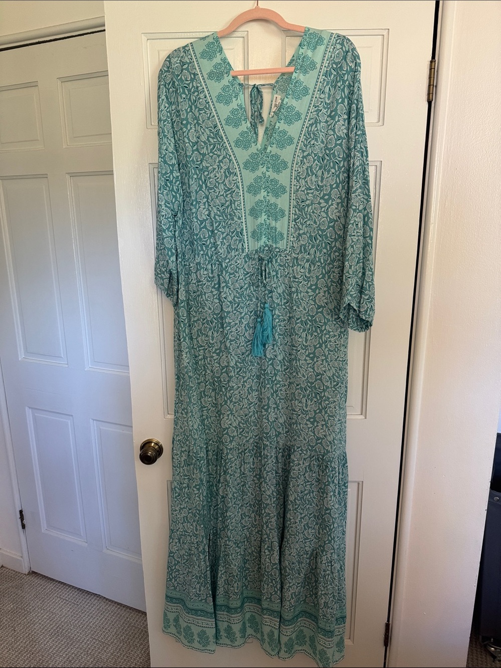 Bohemian Maxi Dress with Tassel Tie in Teal